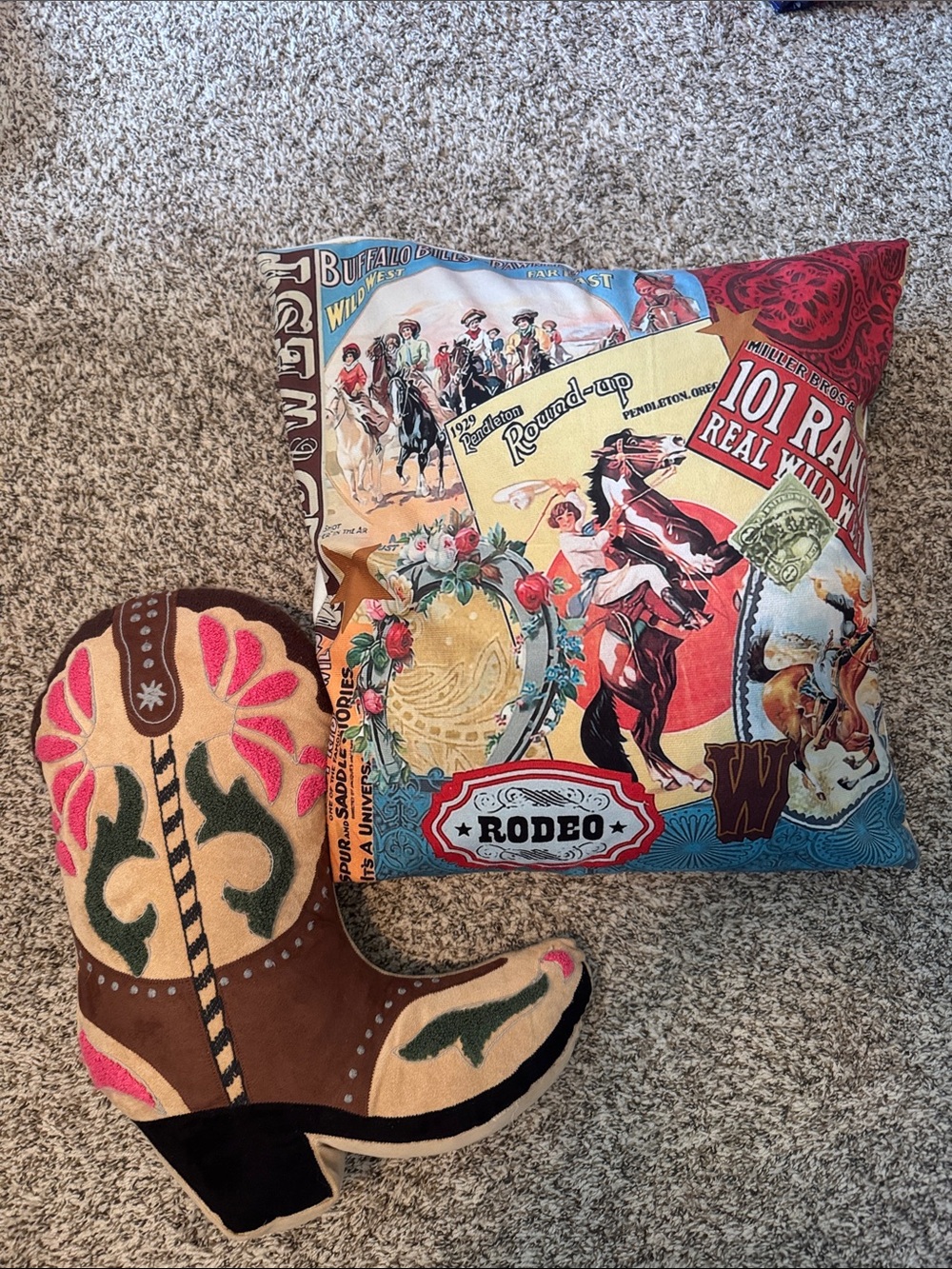 Decorative Rodeo Print Pillow in Multi-Color & Western Boot Pillow